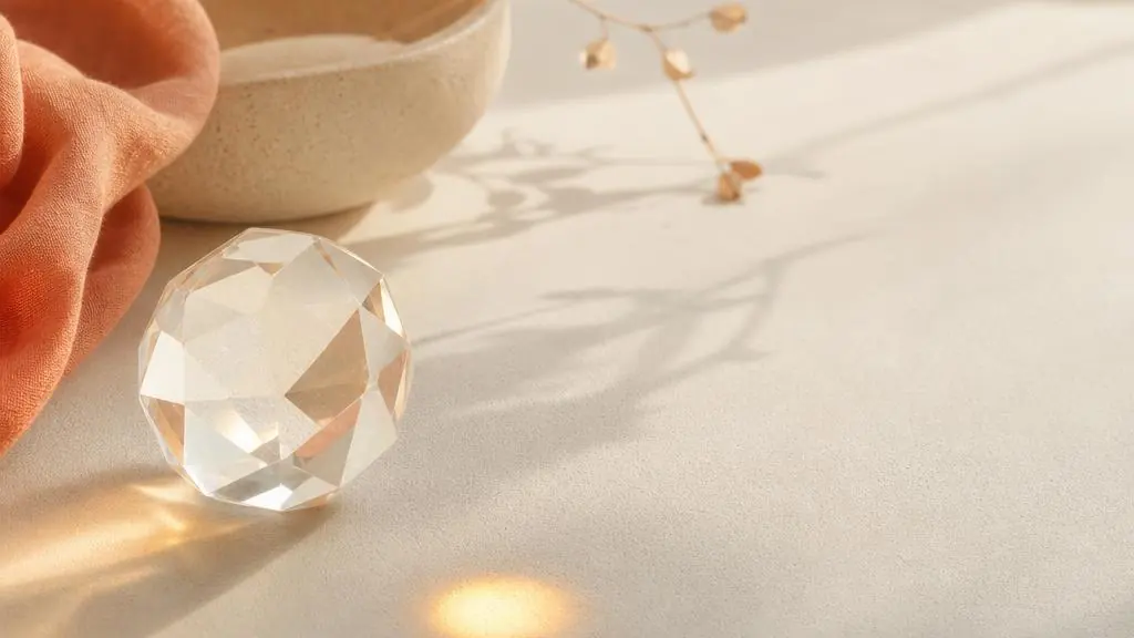 Eine facettierte Kristalllinse bündelt diffuses Morgenlicht zu einem klaren goldenen Kreis.